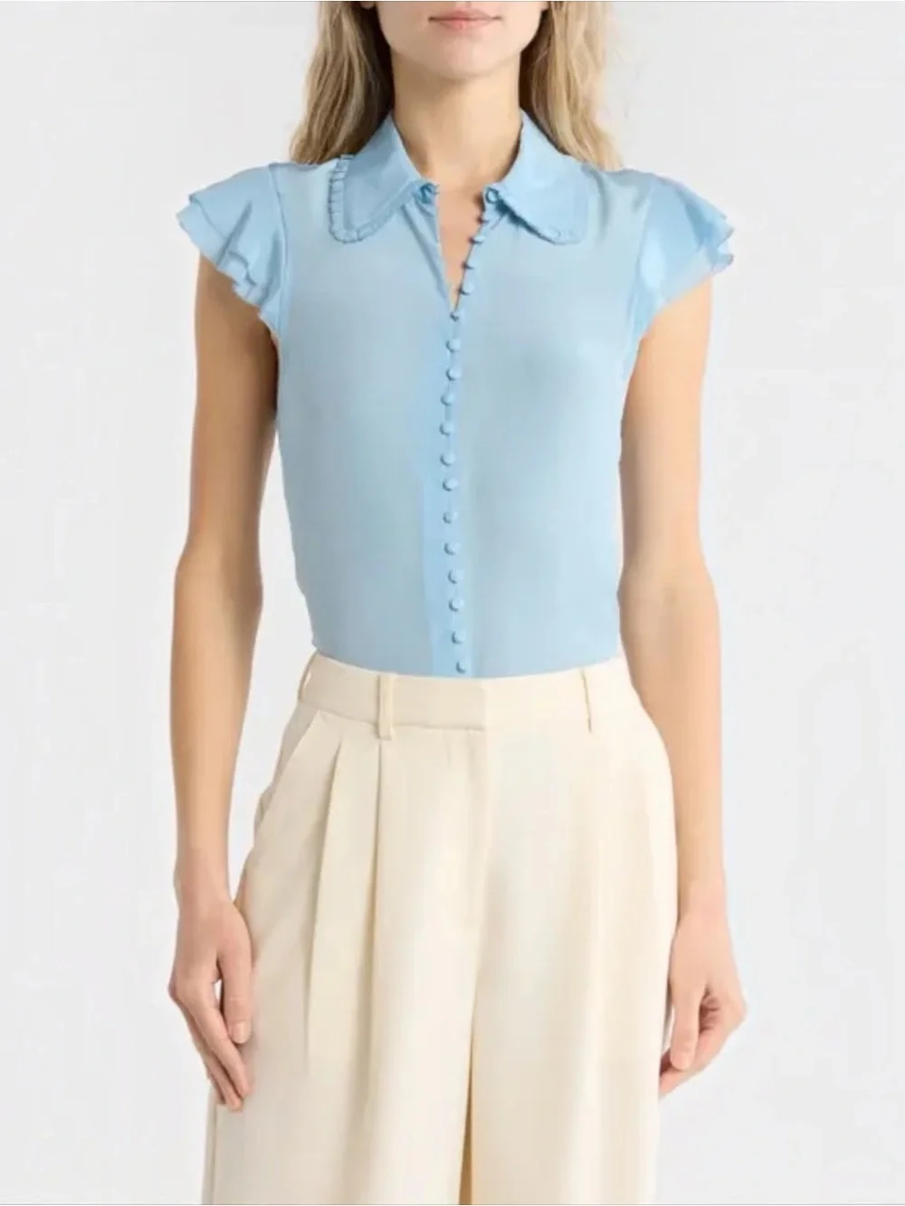 ALICE + OLIVIA Martel Flutter Sleeve Women’s Silk
Button-Up Top Baby Blue Small